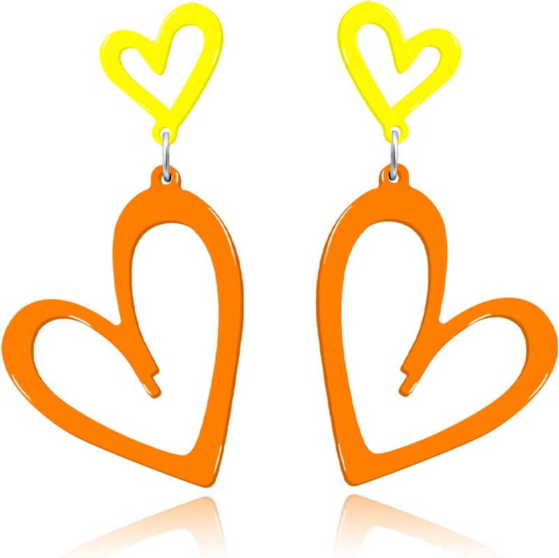 HOLYRY Neon Heart Earrings for Women Acrylic Neon Earrings 80s 90s Outfit for Women Glow Party Accessories Gifts Hot Pink Orange Green Yellow - Image 1